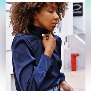 Never been worn - Navy Satin High-Neck Blouse by @karenbritchick